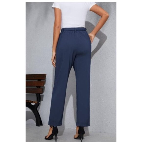 Grace Karin Womens High Waist Pants Size Medium Belt Fold-Up Leg Opening Navy - Picture 2 of 11